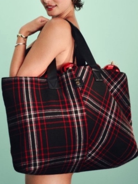 Victoria's Secret Handbags - Victoria’s Secret Black & Red Plaid Tote Bag 13.75" x 22.83" x 7.375" Zip Top